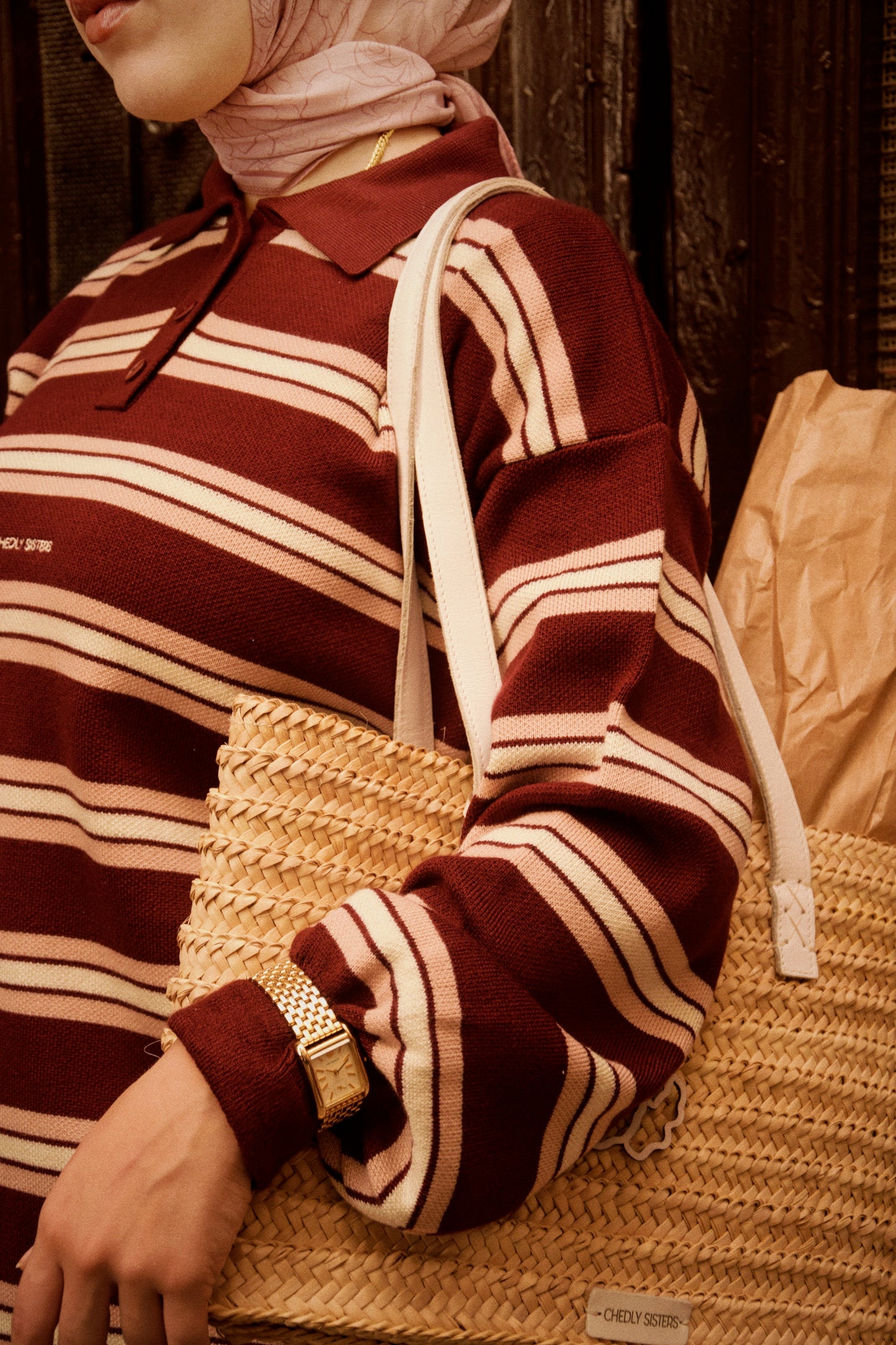 Retro Striped Polo Knit (Burgundy X Pink)