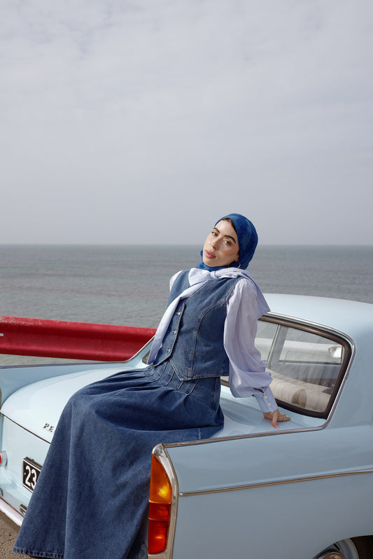 Pleated Maxi Denim Skirt