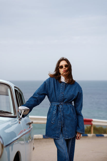 Denim Wave Bomber Jacket